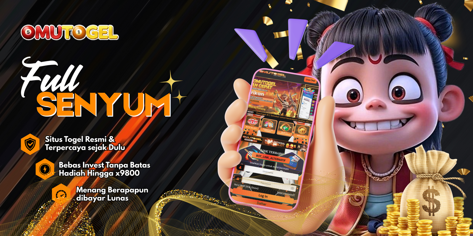 Promotional banner for Omutogel Casino featuring classic slot machine reels